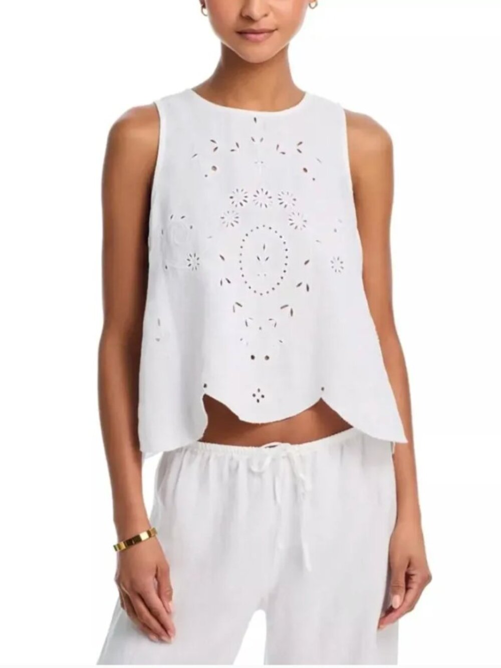 Bella Dahl Women White Linen Embroidered Eyelet Summer Sleeveless Top Size M